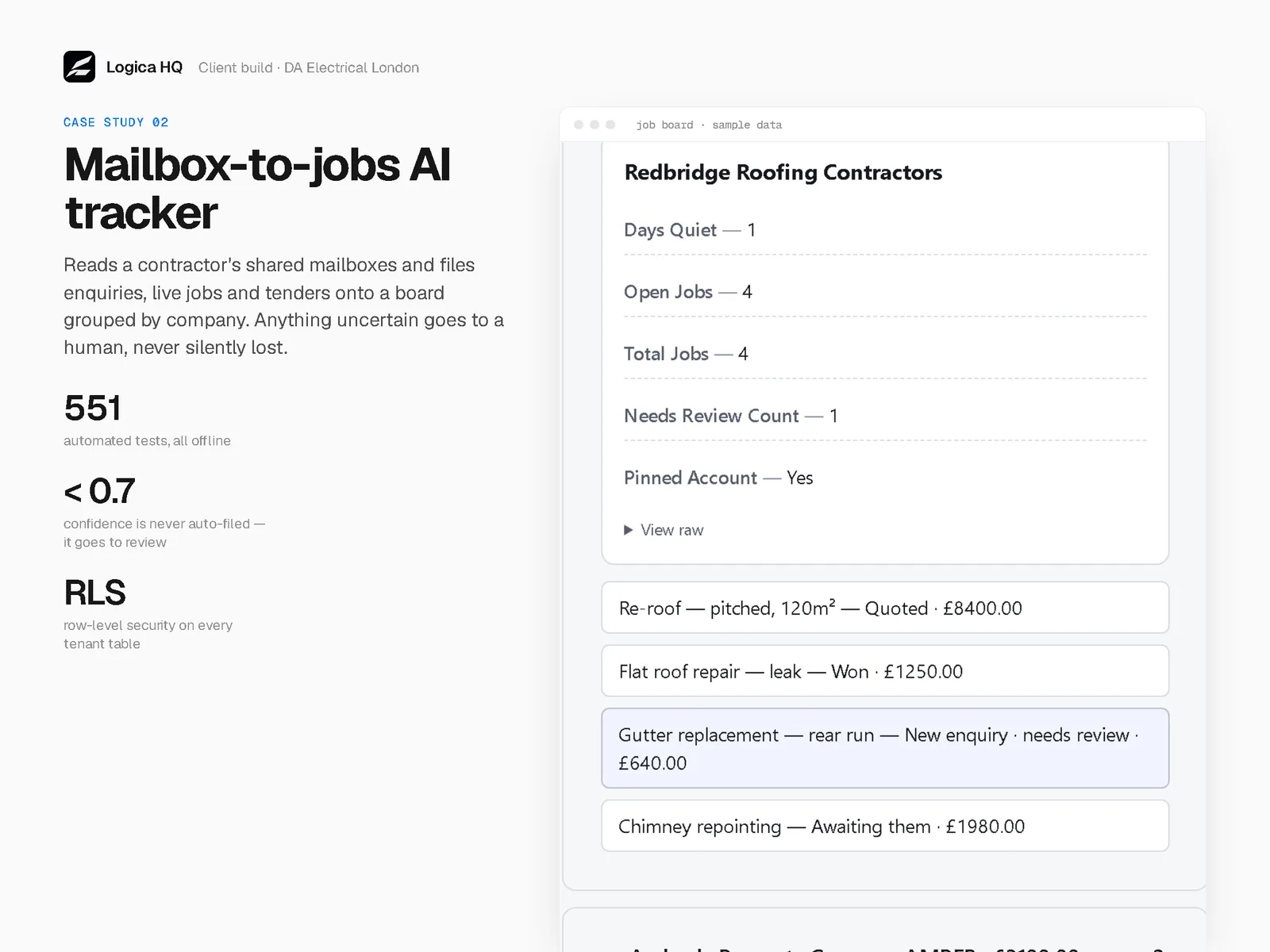 The job board on sample data: a company card showing days quiet, open jobs and a needs-review count, above job rows with their stage and value, one flagged as a new enquiry needing review.